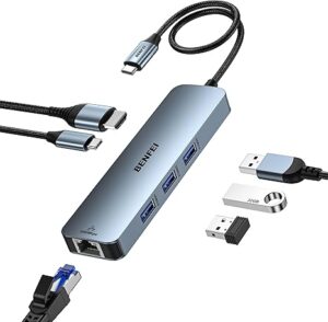 BENFEI HUB USB C 6 en 1 con HDMI (4K @60 Hz), Gigabit Ethernet, entrega de energía de 100 W, 3 USB 3.0, cable de silicona, funda de aluminio compatible con iPhone 15 Pro/Max, MacBook, iPad Pro, iMac,