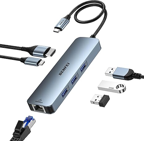 BENFEI HUB USB C 6 en 1 con HDMI (4K @60 Hz), Gigabit Ethernet, entrega de energía de 100 W, 3 USB 3.0, cable de silicona, funda de aluminio compatible con iPhone 15 Pro/Max, MacBook, iPad Pro, iMac,