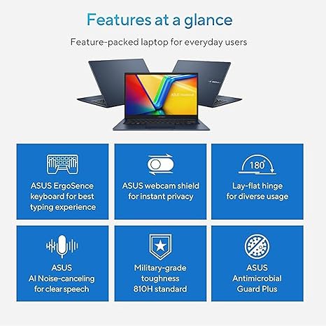 ASUS Vivobook - Computadora portátil, pantalla FHD de 14 pulgadas, i3-1215U, 16 GB de RAM, SSD de 512 GB, Wi-Fi 6, HDMI, cámara web, panel táctil, Windows 11 Home, azul