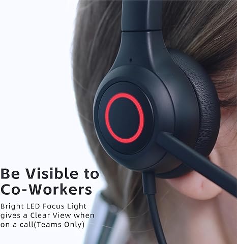 VoicePro 80 - Auriculares de oficina con cable para computadora con luz ocupada de enfoque de equipos | Micrófono con cancelación de ruido | Control de llamadas en línea