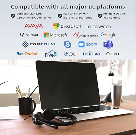 VoicePro 80 - Auriculares de oficina con cable para computadora con luz ocupada de enfoque de equipos | Micrófono con cancelación de ruido | Control de llamadas en línea