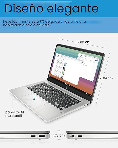 HP Laptop Chromebook 14, Intel Celeron N4120, 4 GB de RAM, 64 GB eMMC, pantalla HD de 14 pulgadas, Chrome OS, diseño delgado, gráficos 4K, batería de larga duración, teclado gris ceniza (14a-na0226nr,