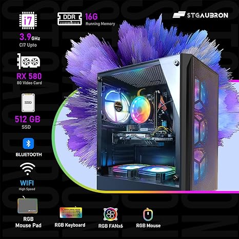 STGAubron Computadora de escritorio para videojuegos, Intel Core i7 hasta 3.9 GHz, Radeon RX 580 8G, 16G RAM, 512G SSD, WiFi 6, Bluetooth 5.2, ventilador RGB x6, Windows 11 Home