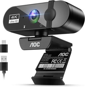 AOC Cámara web 4K para PC con micrófono, cámara de computadora con cancelación de ruido, cubierta de privacidad, FOV de 99°, cámara web USB Plug & Play para transmisión, conferencias, zoom, Skype