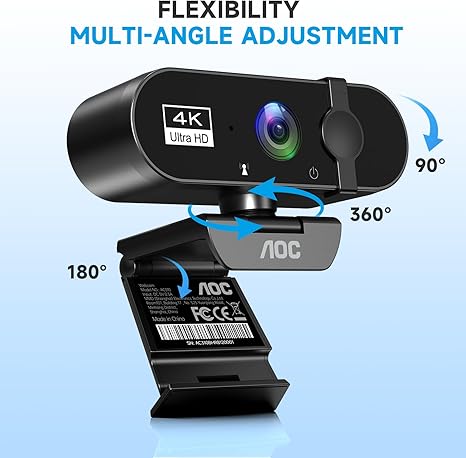 AOC Cámara web 4K para PC con micrófono, cámara de computadora con cancelación de ruido, cubierta de privacidad, FOV de 99°, cámara web USB Plug & Play para transmisión, conferencias, zoom, Skype