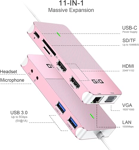 Estación de acoplamiento USB GIQ USB C HUB USB 3.0 a HDMI dual Adaptador VGA de triple pantalla USB C Estación de acoplamiento para portátil Monitor dual HDMI Splitter Extender compatible con MacBook