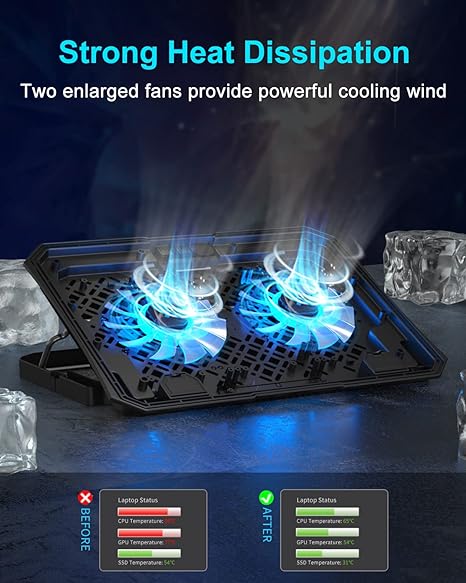 KeiBn Almohadilla de enfriamiento para laptop, enfriador de laptop para juegos, 2 ventiladores para portátiles de 10 a 15.6 pulgadas, 5 soportes de altura, 2 puertos USB (S039)