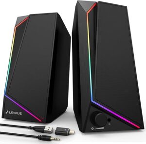 LENRUE Altavoces de computadora, altavoces de PC alimentados por USB/USB-C con sonido estéreo fuerte, auriculares para escritorio, iMac, MacBook, laptop, monitor (adaptador USB-C a USB incluido)