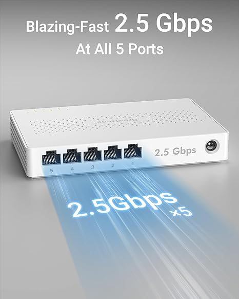 BrosTrend Interruptor de 5 puertos de 2.5 GB, conmutador Ethernet no administrado para consola de juegos, PC, NAS, etc. Interruptor de red Gigabit de 2.5 Gigabit sin ventilador, interruptor