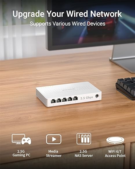 BrosTrend Interruptor de 5 puertos de 2.5 GB, conmutador Ethernet no administrado para consola de juegos, PC, NAS, etc. Interruptor de red Gigabit de 2.5 Gigabit sin ventilador, interruptor