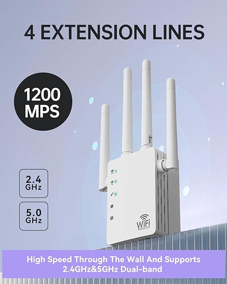 Amplificador de señal con extensor WiFi, 1200 Mbps de doble banda 2.4G y 5.0 G de señal WIFI Booster, extensor WIFI cubre hasta 13888 pies cuadrados y más de 150 dispositivos, repetidor WIFI con