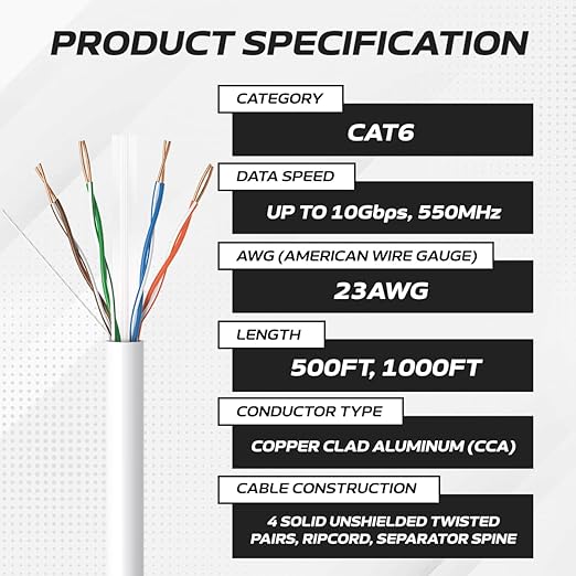 Cables Direct Online Cable CAT6 1000ft Pull Box Solid Ethernet LAN UTP Cable 23AWG 550Mhz RJ45 Red CCA cobre revestido de aluminio a granel (blanco)