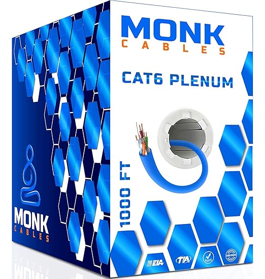 MONK CABLES | Cable Plenum CAT6 de 1000 pies | UTP, 23 AWG, 550 MHz | Certificado DSX-8000 | Cable más certificado del mercado (azul)