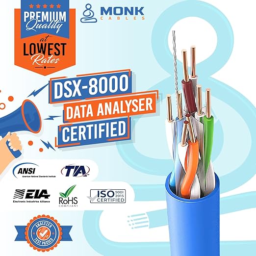 MONK CABLES | Cable Plenum CAT6 de 1000 pies | UTP, 23 AWG, 550 MHz | Certificado DSX-8000 | Cable más certificado del mercado (azul)