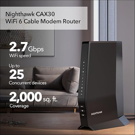 NETGEAR Nighthawk - Combo de módem router (CAX30) DOCSIS 3.1 y enrutador con cable y WiFi 6, AX2700 6.0 Gbps, compatible con Xfinity, Spectrum, Cox y más, Internet inalámbrica Gigabit